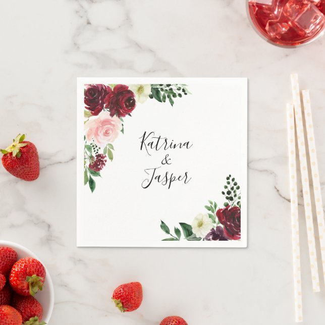 Burgund Blush Wasserfarbe Blumenhochzeit Serviette (Beispiel)