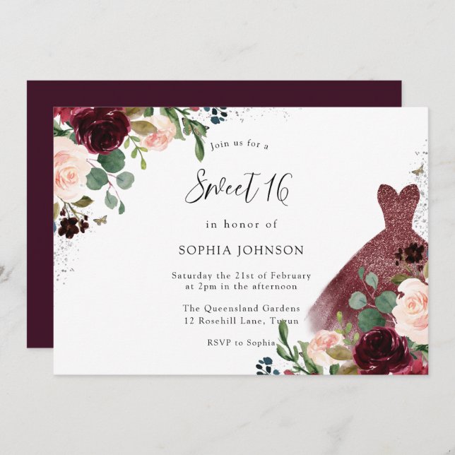 Burgund & Blush Wasserfarben Blumenkleid Sweet 16 Einladung (Vorne/Hinten)