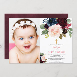 Burgund-Blüte-Blütenblume-Taufe-Foto Einladung
