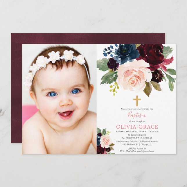 Burgund blütenblaue blühende Taufe Foto Einladung (Vorne/Hinten)