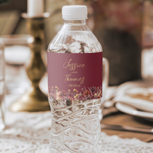 Burgund Boho Chic Wildblumen Einfache Hochzeit Wasserflaschenetikett