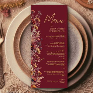 Burgund-Boho-Chic-Wildblumen-Elegante-Hochzeit Menükarte