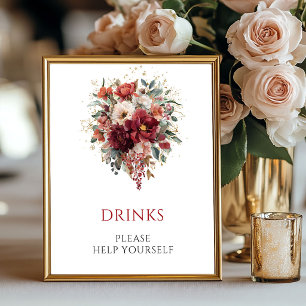 Burgund-Boho-Herbstblumen-Getränke-Tischschild Poster