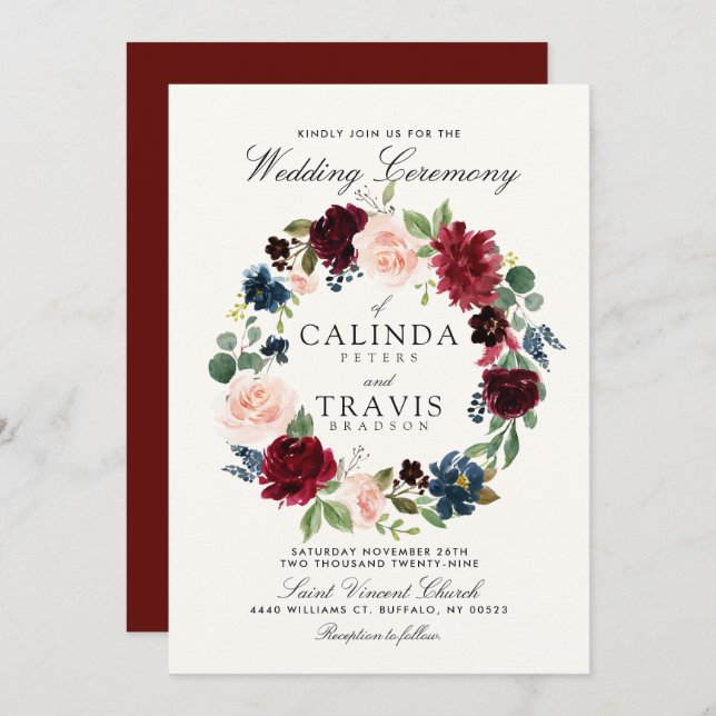 Burgund Bouquet| Rote RückHochzeit Einladung (Vorne/Hinten)