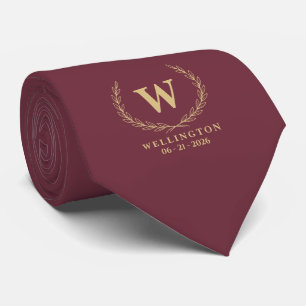 Burgund Champagne Gold Lorbeer Monogramm Hochzeit Krawatte