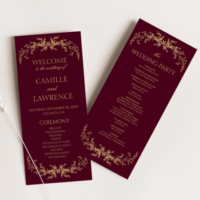Burgund Champagne Toile Blumenrahmen Hochzeit Programm (Von Creator hochgeladen)
