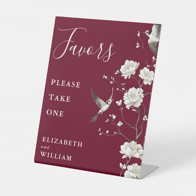 Burgund Chinoiserie Blumenliebhaber Hochzeit Sockelschild (Vorderseite)