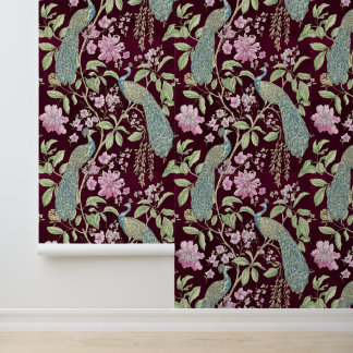 Burgund Chinoiserie Pfauenschale und Stock Tapete