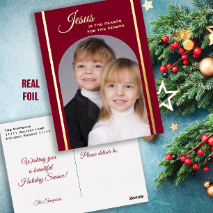 Burgund Christliches Weihnachts-Foto Gold Folien Feiertagspostkarte