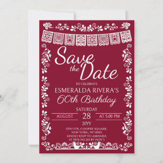 Burgund Cielito Lindo Save the Date 60. Geburtstag Einladung