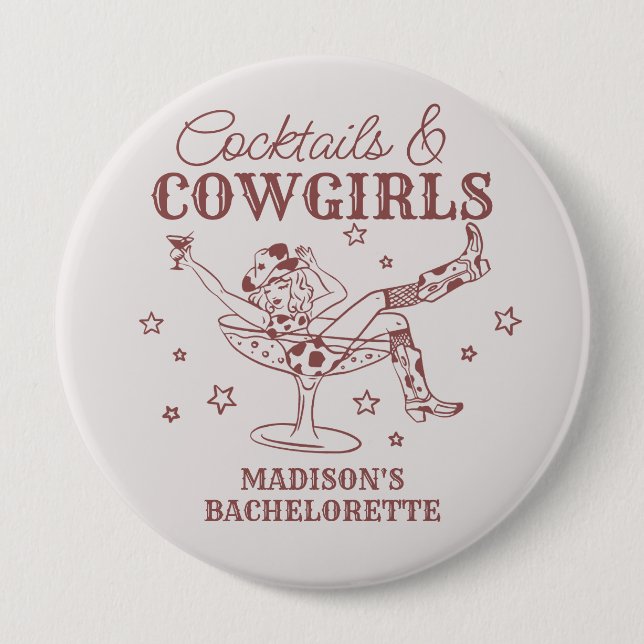 Burgund Cocktails und Cowgirls Bachelorette Gefall Button (Vorderseite)