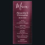 Burgund Cranberry Modernes und elegantes Hochzeits Menükarte<br><div class="desc">Burgund Cranberry Lila Moderne Imitate Metallic Stainless Steel Hochzeitsmenü. Dieses mädchenhafte,  moderne Marsala- und White Script-Wedding-Menü kann auf die Namen der Braut und des Bräutigam,  das Hochzeitsdatum und das Abendmenü abgestimmt werden. Dieses Menü ist Teil einer passenden Hochzeitskollektion und weitere passende Artikel können Sie beim Designer anfordern.</div>
