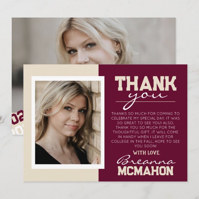 Burgund & Cream Abschluss 2 Foto Dankeschön Karte (Vorne/Hinten)