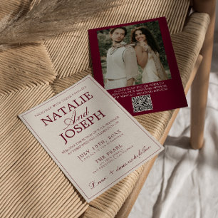 Burgund Creme Old Money Foto QR Code Hochzeit Einladung