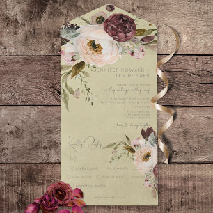 Burgund Creme & Rosa Vintage Pfingstrosen Rosa Din All In One Einladung