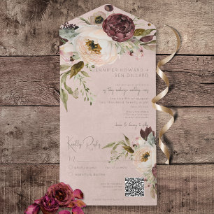 Burgund Creme & Rosa Vintage Pfingstrosen Rosa QR All In One Einladung