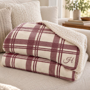 Burgund Creme Tartan Karo Monogramm Sherpadecke