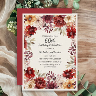 Burgund-cremefarbene Aquarell-Blumen zum 60. Gebur Einladung