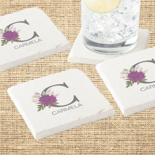 Burgund Dahlie Florales Alphabet Buchstaben Monogr Steinuntersetzer