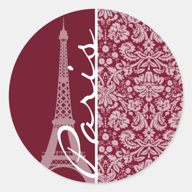 Burgund Damask Muster; Paris Runder Aufkleber (Vorderseite)