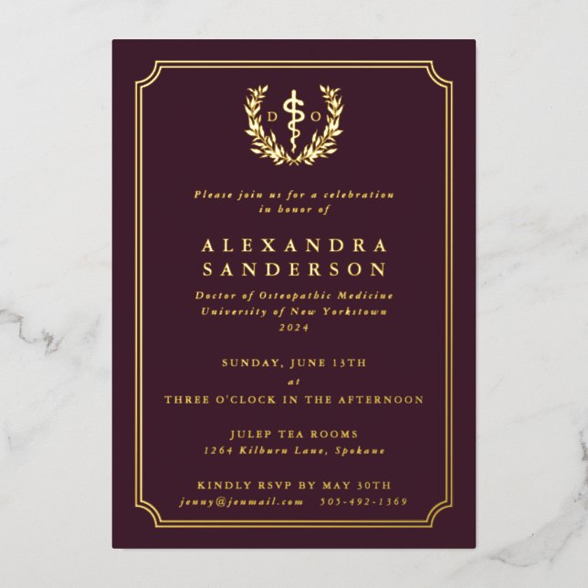 Burgund Doktor der Osteopathischen Medizin Abschlu Folieneinladung (Vorderseite)