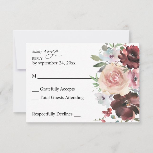 Burgund & Dusty Blush Pink 5 Floral ni Mahlzeit RSVP Karte (Vorderseite)