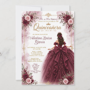 Burgund Einladung zur Quinceañera im floralen Ball