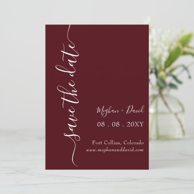 Burgund Elegant Moderne Save The Date (Stehend Vorderseite)