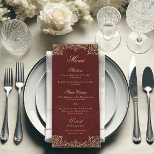 Burgund Elegant Vintage Gold Schrift Hochzeit Menükarte
