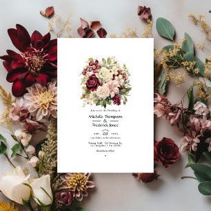 Burgund, Elfenbein und Salbei Blumenhochzeit Einladung