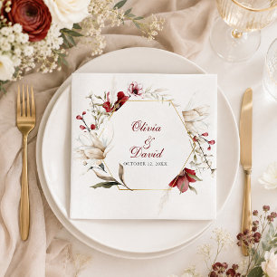 Burgund-elfenbeinfarbene Blumen-Hochzeitspapier-Se Serviette