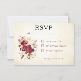 Burgund & Elfenbeinherzen & Blume Elegant RSVP Karte