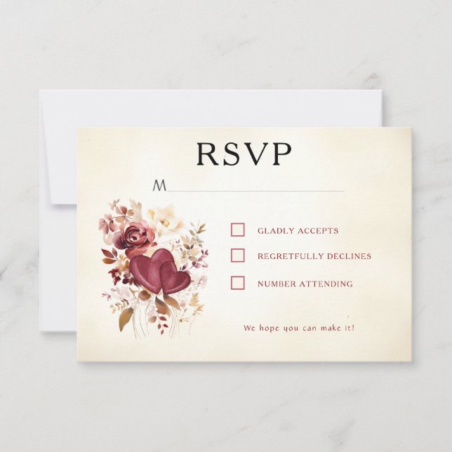 Burgund & Elfenbeinherzen & Blume Elegant RSVP Karte (Vorderseite)