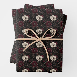 Burgund & Elfenbeinküste Blume auf schwarz Geschenkpapier Set