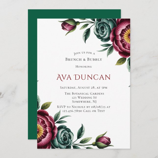 Burgund & Emerald Peony Winter Brunch & Bubbly Einladung (Vorne/Hinten)