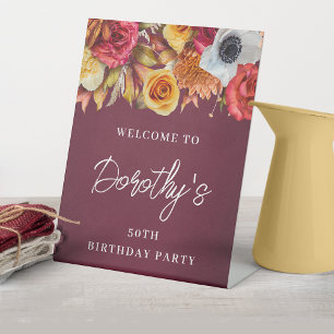 Burgund Fall Blume 50. Geburtstagsparty Willkommen Sockelschild