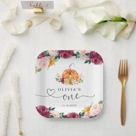 Burgund Fall florale Kleine Kürbis 1. Geburtstag Pappteller