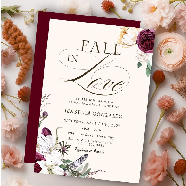Burgund Fall in Liebe Herbst Brautparty Einladung (Burgundy Fall in Love Autumn Bridal Shower Invitation)