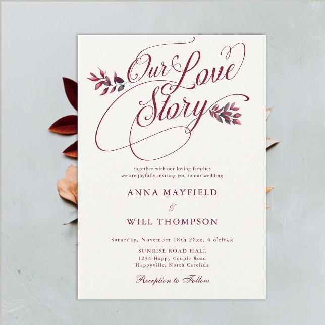 Burgund Fall Liebe Geschichte Romantische Hochzeit Einladung (burgundy fall leaves wedding invitation elegant rustic boho modern classic formal romantic simple)