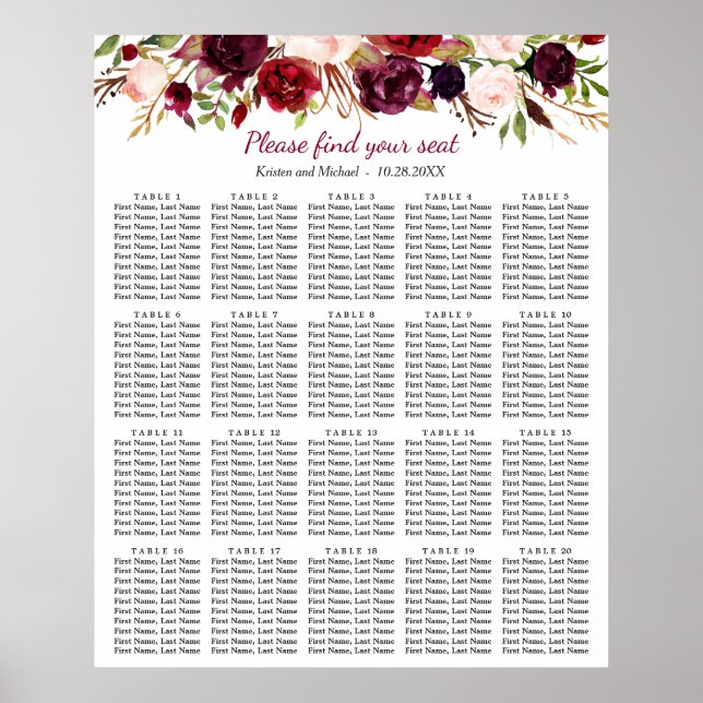 Burgund Floral 20 Tische Hochzeitstabelle Poster (Vorne)