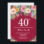 Burgund Floral 40. Geburtstag Einladung<br><div class="desc">Burgund Floral 40. Geburtstag Einladung für Frauen. Aquarell Floral Blume. Burgund Hintergrund Rosa, gelb, orange, Lila Blume. Erwachsener Geburtstag. 13. 15. 16. 18. 20. 21. 30. 40. 50. 60. 70. 80. 90. 100. jedes Alter. Für weitere Anpassungen klicken Sie bitte auf die Schaltfläche "Anpassen" und verwenden Sie unser Designwerkzeug, um...</div>