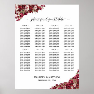 Burgund Floral 8 Tische Hochzeit Poster