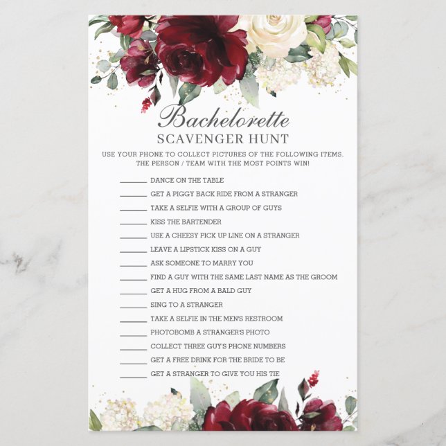 Burgund Floral Bachelorette Scavenger Jagdspiel (Vorderseite)