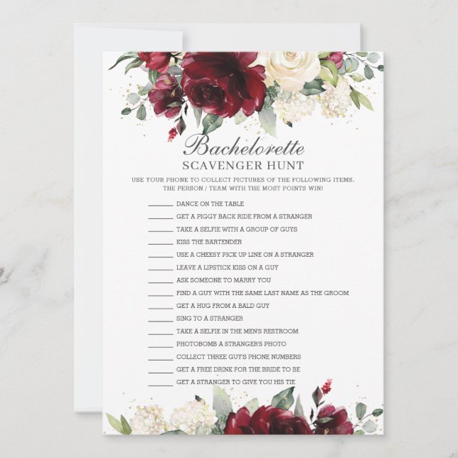 Burgund Floral Bachelorette Scavenger Jagdspiel Einladung (Vorderseite)