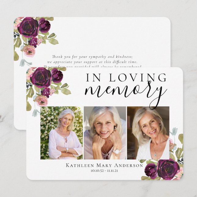 Burgund-Floral-Beerdigung Dankeskarte (Vorne/Hinten)