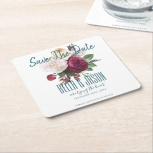 Burgund floral binden den Knoten Save the Date Rechteckiger Pappuntersetzer