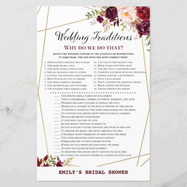 Burgund Floral Brautparty Game, Polterabend (Vorderseite)