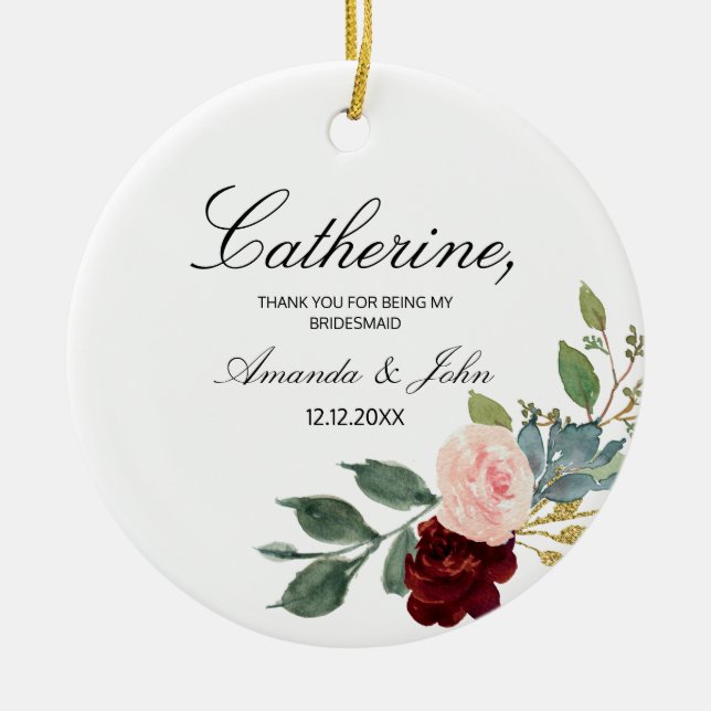 Burgund Floral Bridesmaid Verlobte Verzierung Keramik Ornament (Vorne)