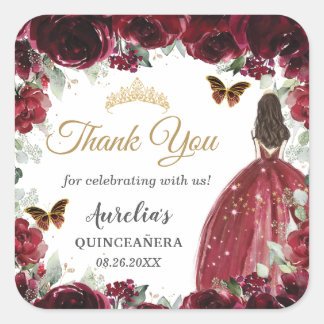 Burgund Floral Butterfliegen Prinzessin Gold Gefal Quadratischer Aufkleber