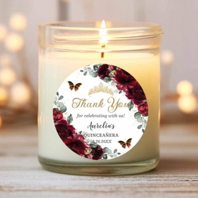 Burgund Floral Butterfliegen Prinzessin Gold Gefal Runder Aufkleber (Von Creator hochgeladen)